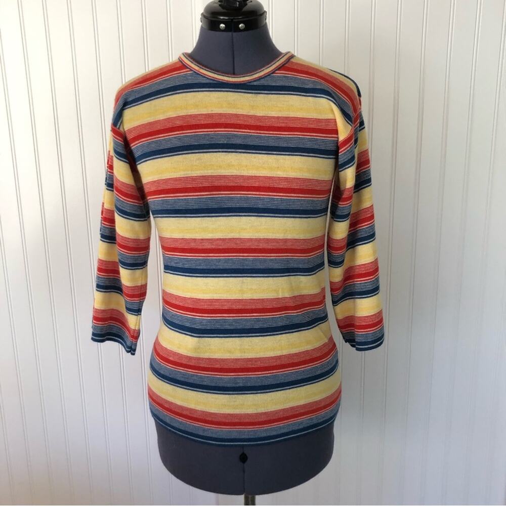 Vintage 70s Colorful Stripe Knit Bell Sleeves Scoop Neck Soft Stretchy Retro EUC